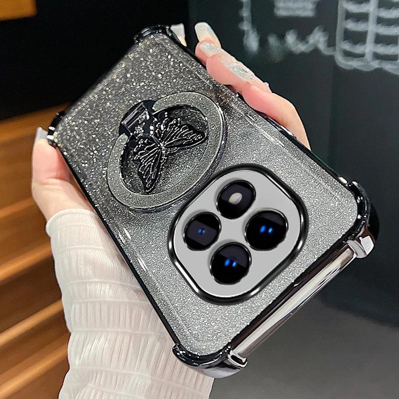 

Чехол силиконовый с блестками и бабочкой-подставкой с градиентным покрытием для Xiaomi Redmi Note 14 Pro Plus, противоударный чехол для Mi Poco X7 Redmi Note 14 Pro 4G чёрный