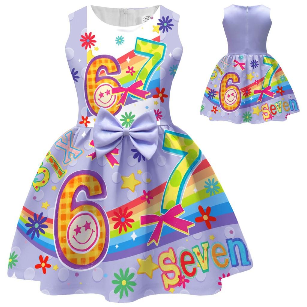 94238 Girls Steal A Brainrot 67 Printed Bow Party Sleeveless Princess Dress
