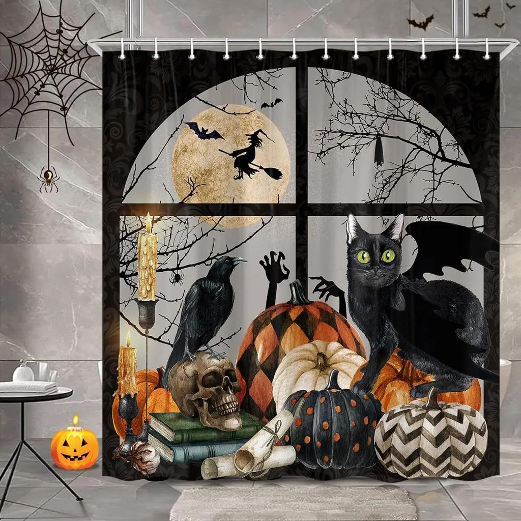 Halloween Scary Spooky Shower Curtain Pumpkin Bat Spider Scary Skeleton Holiday Gift Shower Curtains Bathroom Decor With Hooks