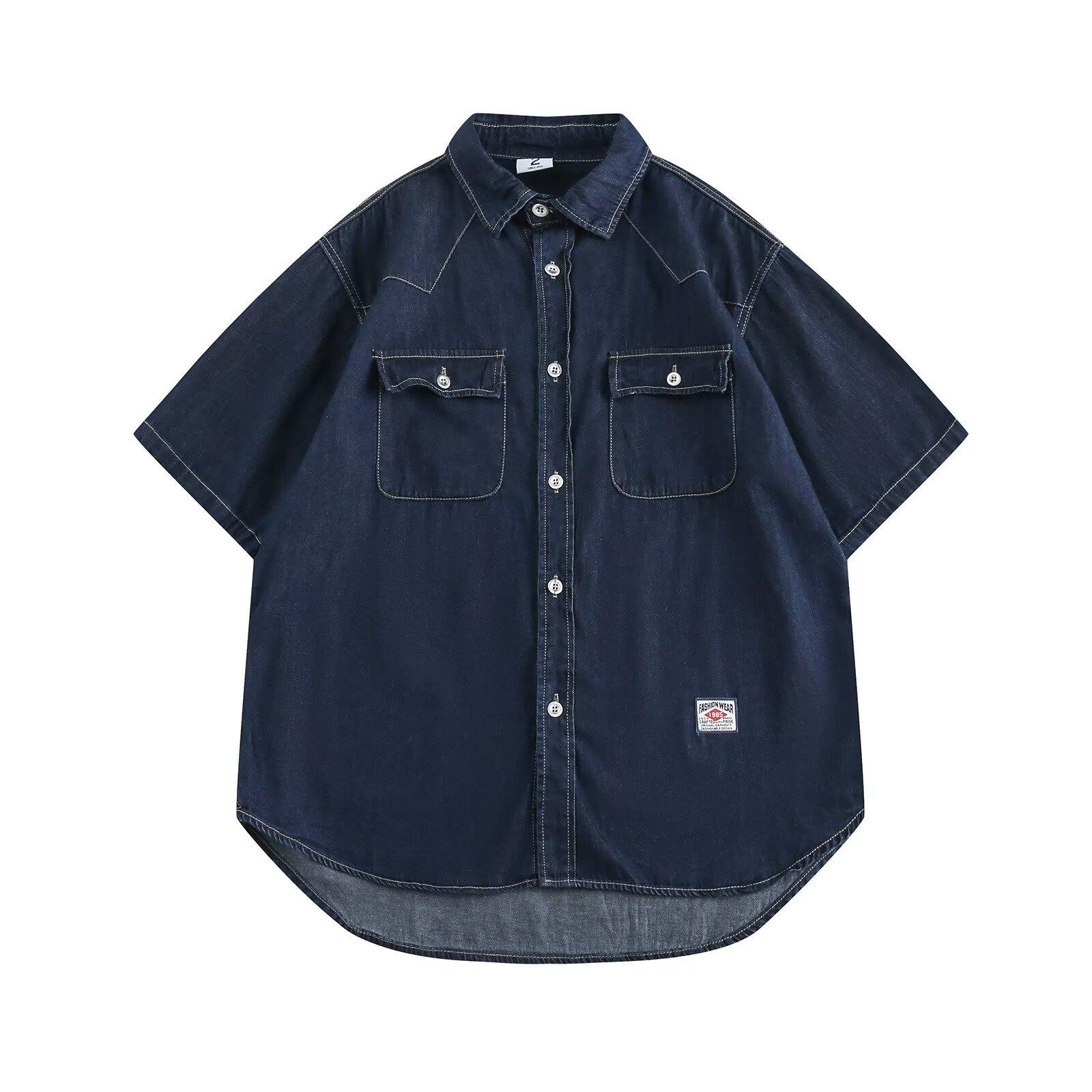 

Японский ретро модный бренд летняя свободная джинсовая рубашка с короткими рукавами художественная молодежная рабочая рубашка мужская и женская многослойная куртка 2XL темно-синий