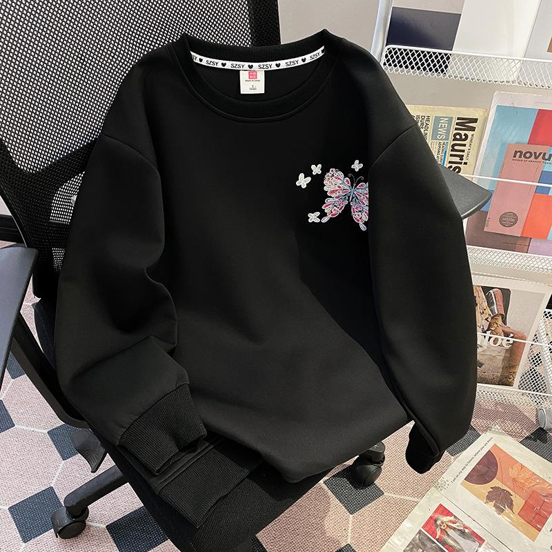 Extragroß Trendig Locker Mittellang Langarm Pullover Damen Frühling-Herbst Schmetterling Stickerei Oberteil