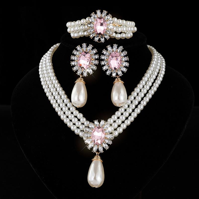 Water Drop Imitation Pearl Necklace Earrings Set Bridal Rhinestones Pearl Clavicle Chain Jewelry Women
