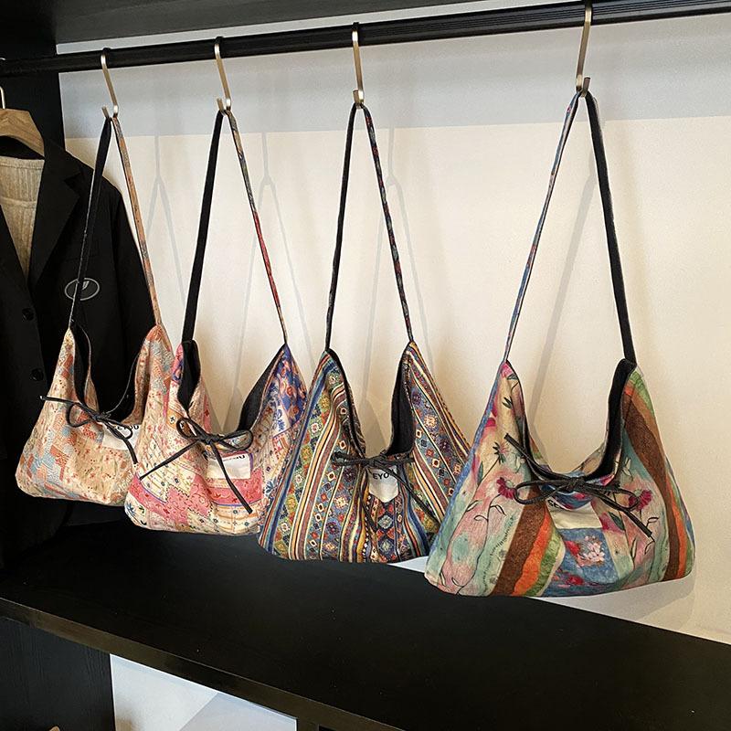 2025 spring and summer new color printed canvas bag denim double-sided messenger bag versatile commuter tote bag