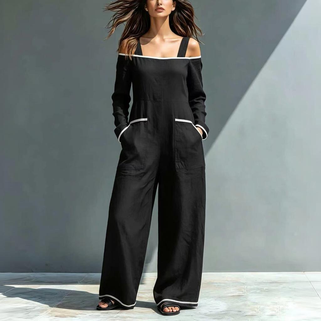 Women's One-Shoulder Color-Block Suspender Jumpsuit with Pockets, Loose Fit Wide Leg Floor-Length