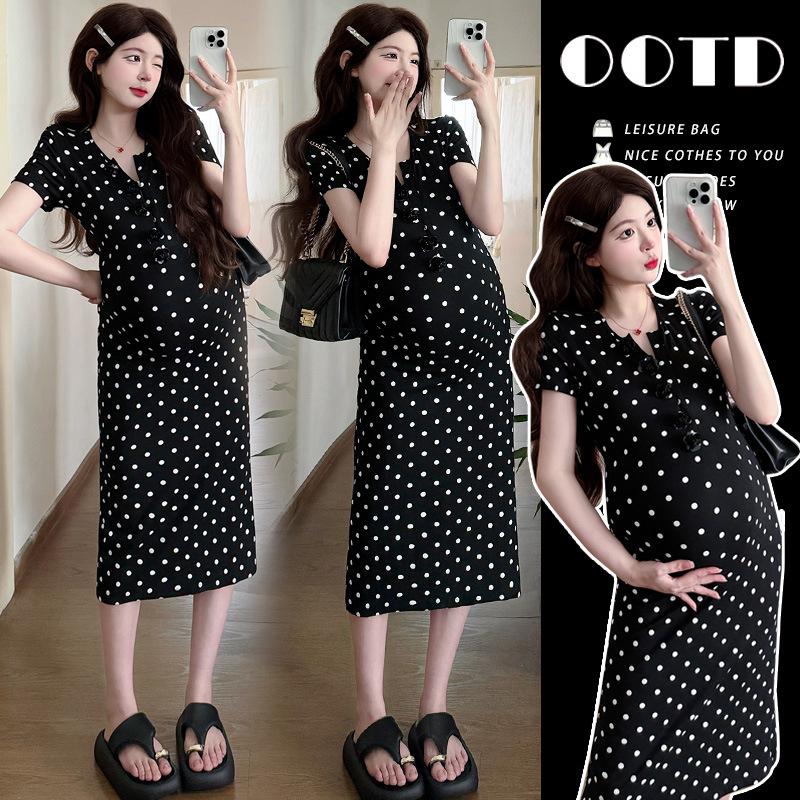 2026 Elegant French Polka Dot Maternity Dress - High-End Summer Slimming Long Skirt Double Extra Large