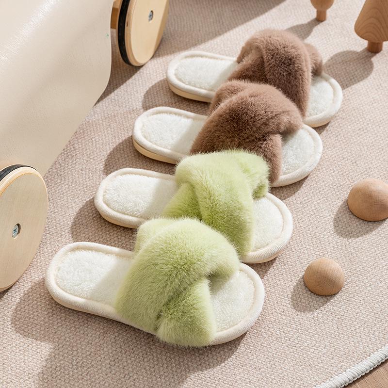 Children's and Women's Winter Fur Cross-Strap Cotton Slippers, Warm, Non-Slip for Home Use