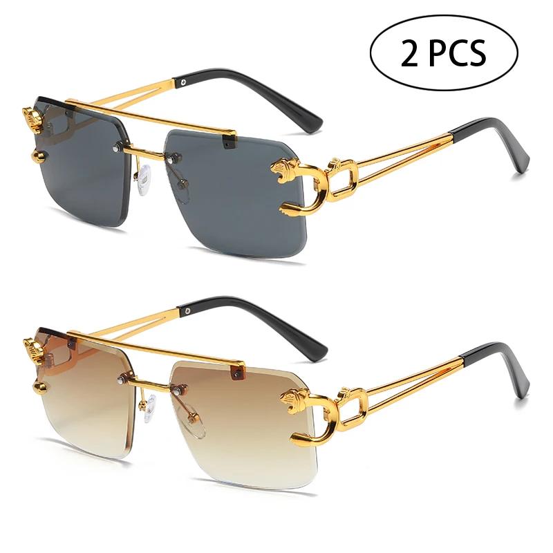 Fashion Rimless Square Double Bridge Sun Glasses Vintage Women Men Sunglasses UV400