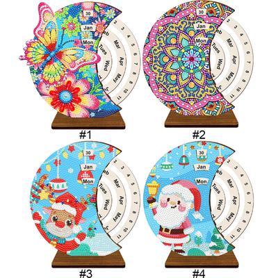 DIY Diamond Art Painting Kit Unique Wooden Rotating Calendar Manually Changing Date Calendar Desk Decor for Home and Office