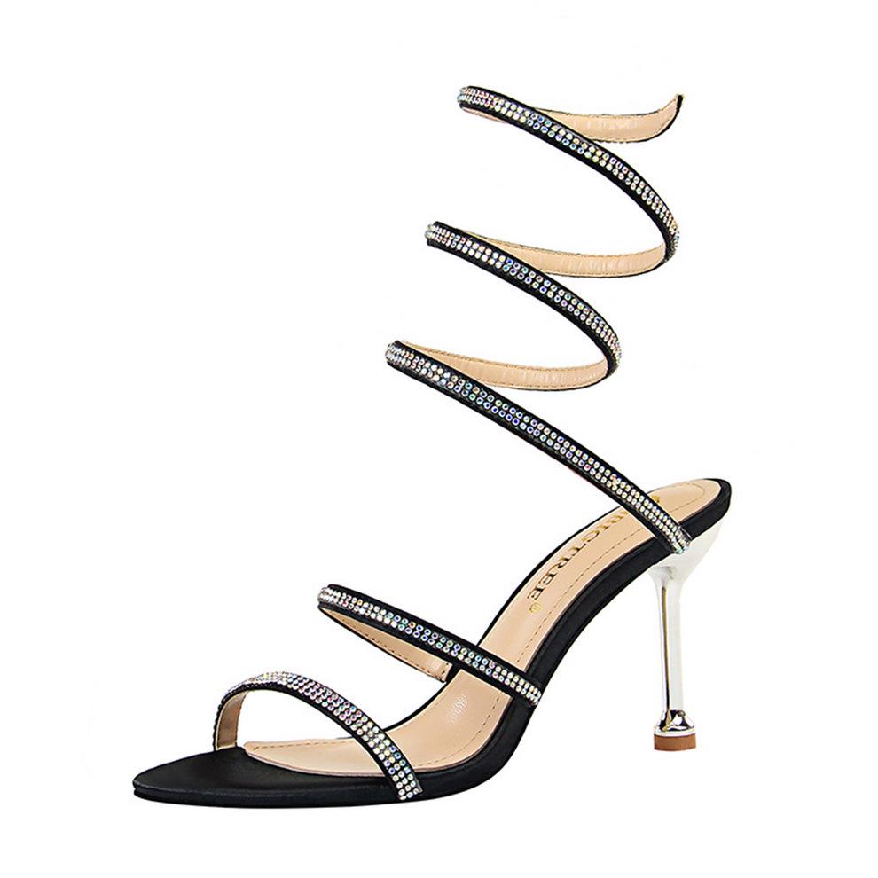 European and American Sexy Nightclub Banquet Women's Shoes Thin Heel High Heel Snake Wrap with Rhinestone Ankle Wrap with Sandals