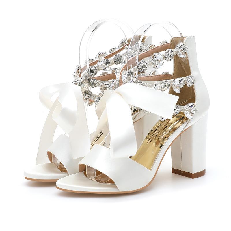 European and American Large Size One-word with Thick Heel Women's Sandals Satin Rhinestone High Heel Lace-up Bow White Rhinestone Women's Shoes 43
