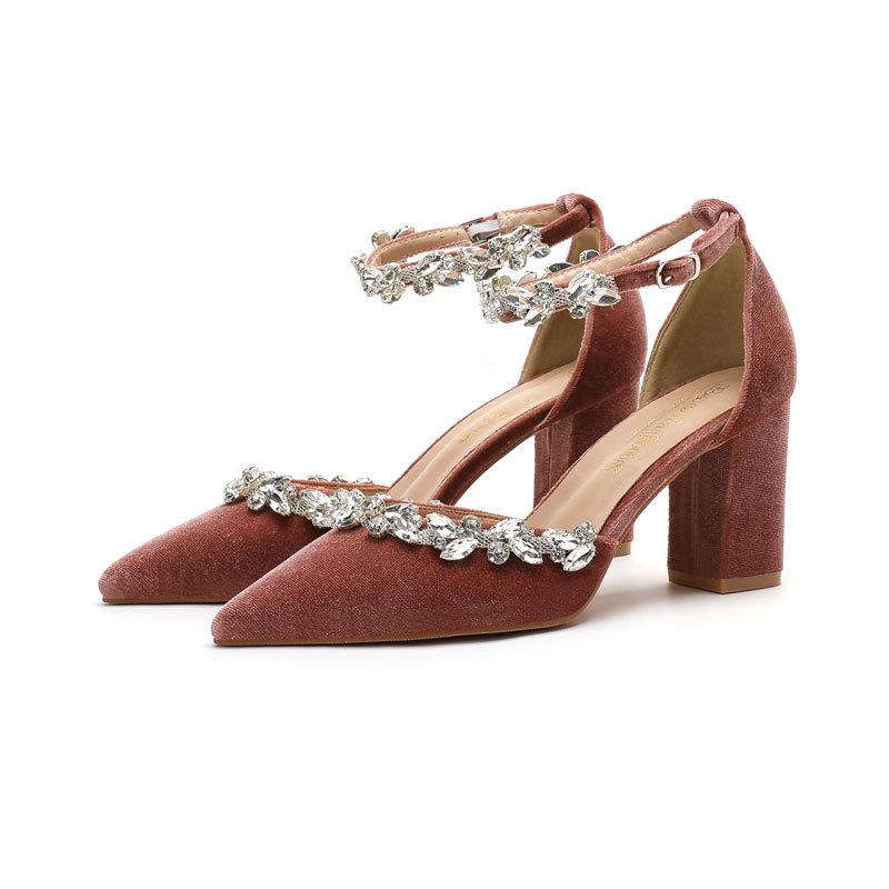 Heel High Heels Pointed Velvet Hollow Rhinestone One-word Buckle Wedding Shoes Bridal Shoes Bridesmaid Shoes Banquet Shoes Women