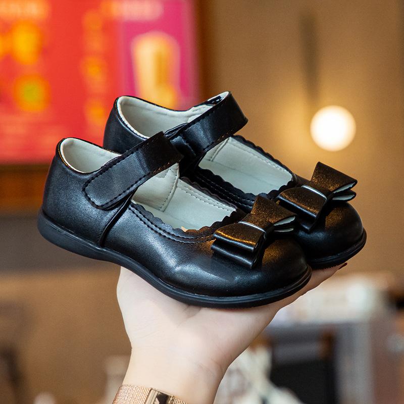 Girls Flat Shoes Round Toes Sweet Bows Kids Leather Shoes Pu Non-slip 2025 New Fashion Children Performance Shoes Black Matte