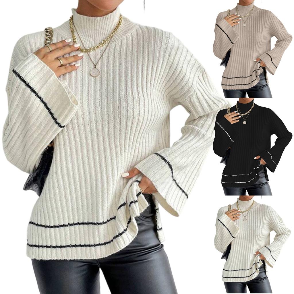 Women's Casual Fashion Colorblock Knitted Brushed Turtleneck Long Sleeve Top