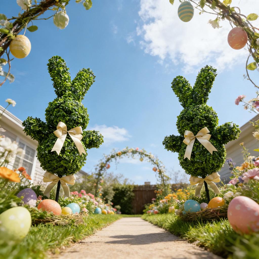 Artificial Bunny Shaped Topiary Tree Decorative Garden Stake Realistic Faux Plant Sculpture for Indoor Outdoor Use Easter Spring Decoration