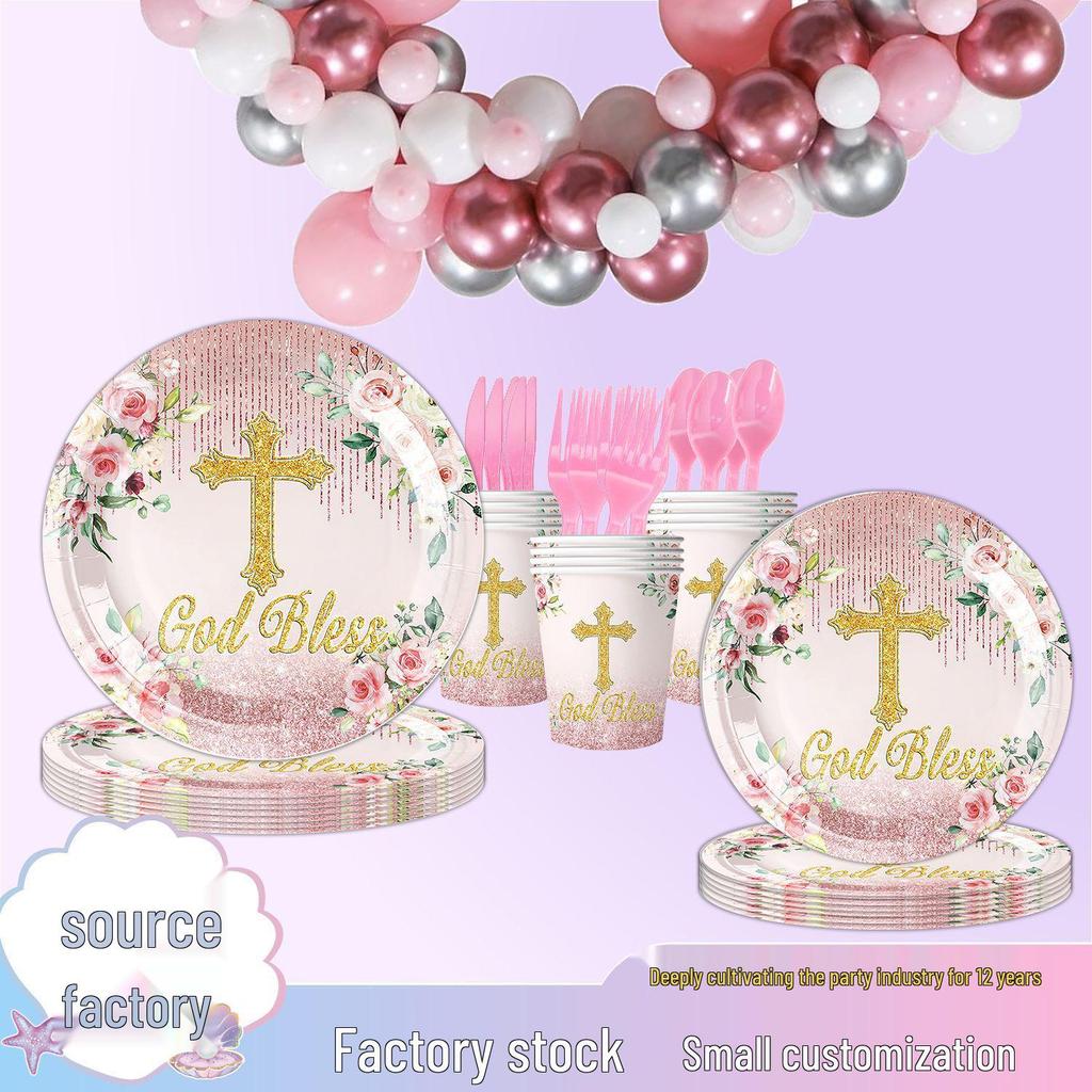 Baby Communion & Christening Tableware Set: White Floral & Cross Paper Plates, Tablecloth Decoration