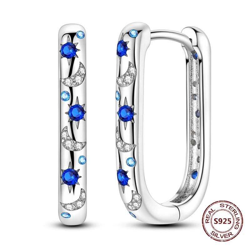 Shining Blue Zircon Owl Earrings 925 Silver Evil Eyes Earrings for Women Wedding Engagement Planet Moon Star Zirconia Jewelry