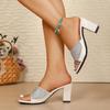 Fashion 2025 New Plus Size Rhinestone Women's Slippers Square Open Toe High Heel Summer Slippers Fashion Comfortable Dress Shoes Ladies
