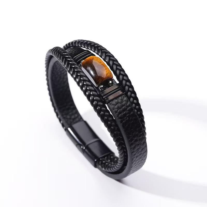 Men's Double Layer Leather Bracelet with Tiger Eye Stones