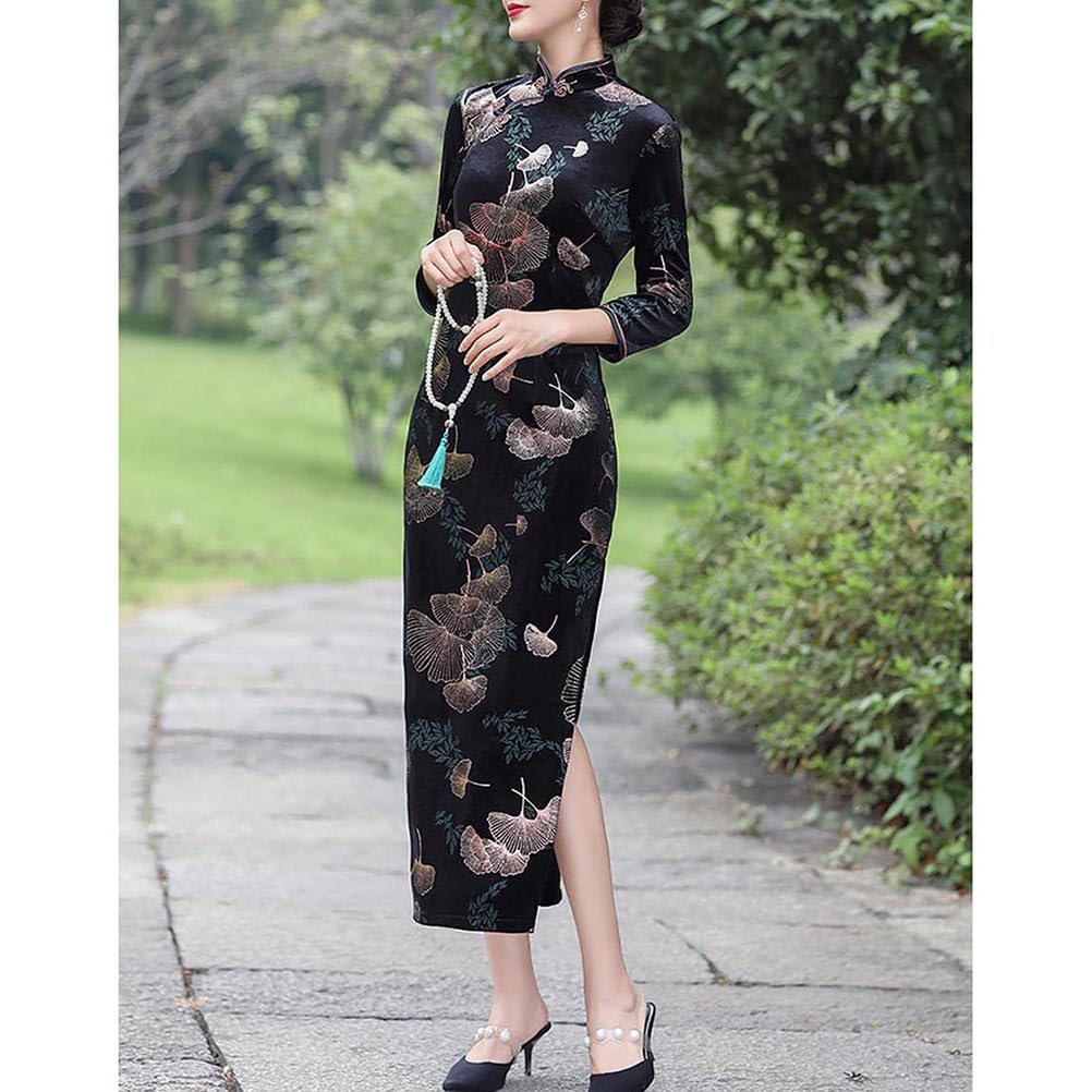 Sleeve Cheongsam Dress with Ginkgo Leaf Chinese Party Formal and Long, 3/4 Design, Velvet, Clothing, Slit, Dress, (Black Gold, L)