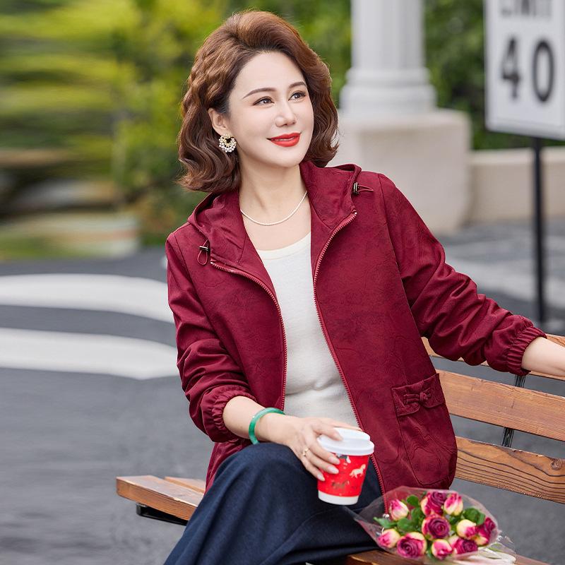 2026 Spring Printed Casual Loose Lapel Zipper Jacket for Middle-Aged and Elderly Women