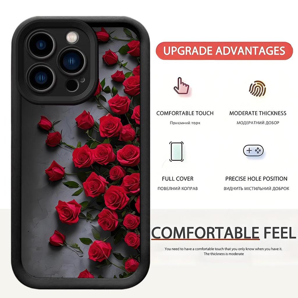 Black Grooved Rose Flower Phone Case for iPhone 13-17 & Samsung, Full Coverage