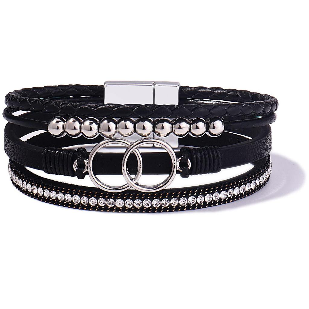 Handwoven Leather Bracelet Bracelet Double Ring Magnetic Buckle Diamond Enlaid Women's Leather Bracelet
