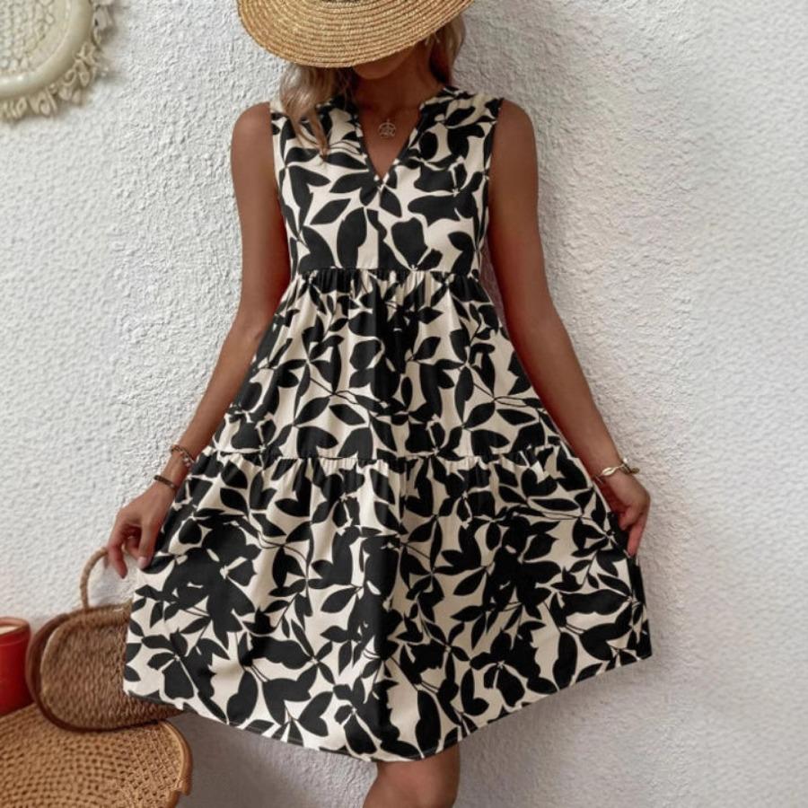 Women s summer new V-neck plant flower print casual straight dress 3XL чёрный