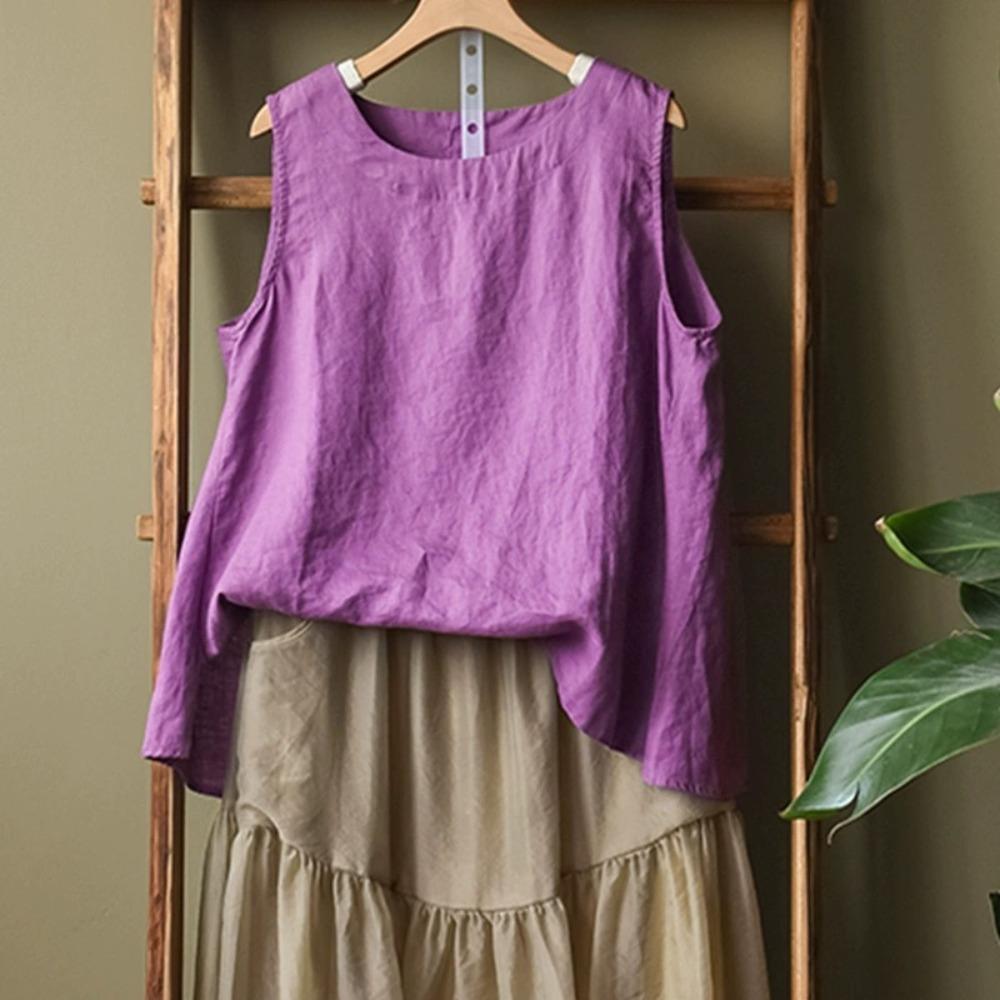 Women Solid Linen Sleeveless Tank Top Round Neck Loose Side Split Casual Vintage Literary Summer Camisole Blouse