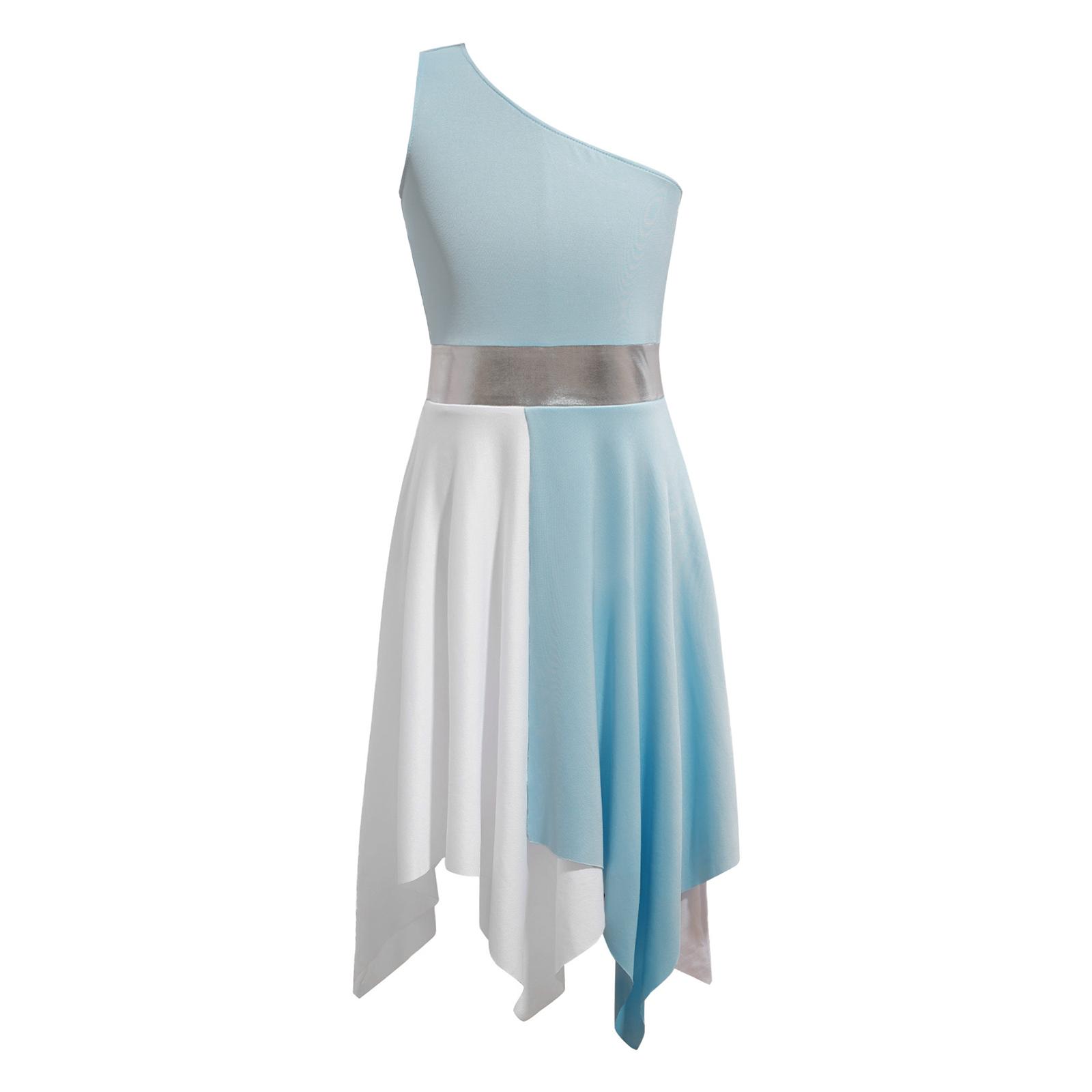 

Асиметрична танцювальна сукня-туніка для дівчаток - без рукавів, одне плече, контрастний кольоровий дизайн 9-10 Years світло-синій колір