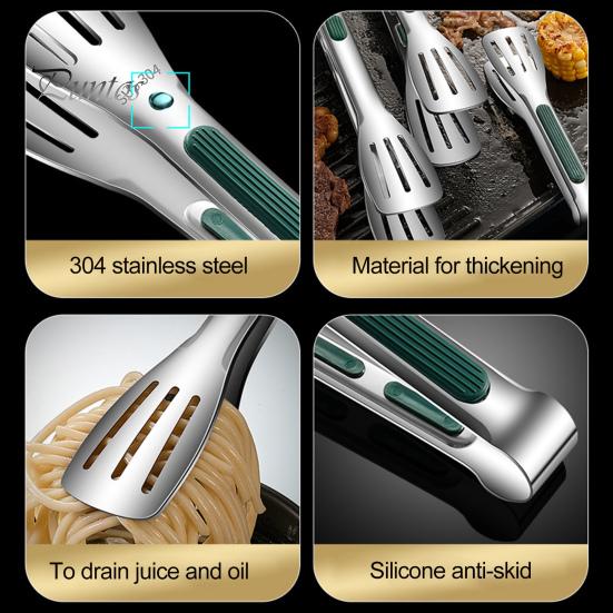 Meat Tong Non-Slip Silicone Handle Food Tongs Hollowed Draining Serving Barbecue BBQ Clip Grill Bread Clamp Stainless Steel Kitchen Accessories