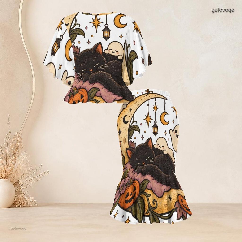 Women Plus Size Round Neck Halloween Printed Batwing Sleeve Ruffle Hem Top Fishtail Skirt Two Piece Set