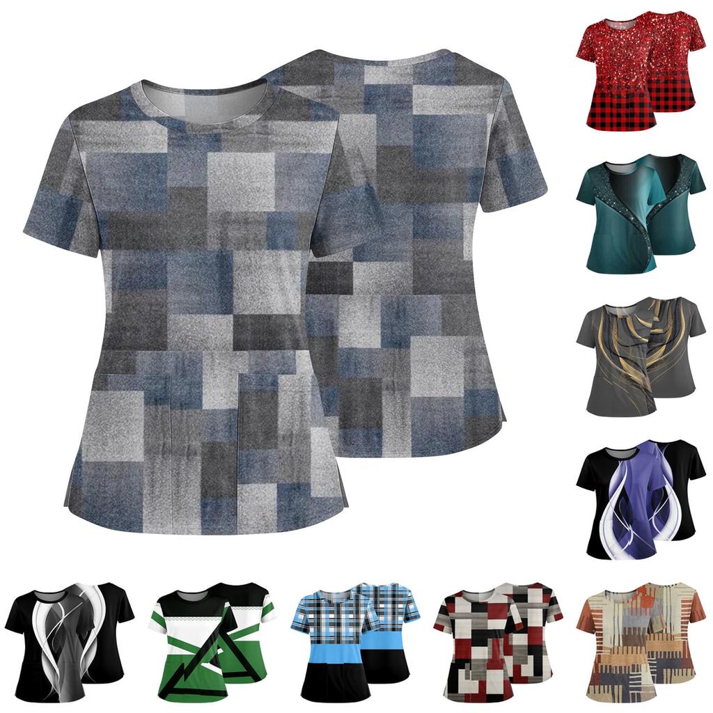 Women's Fashionable Printed Round Neck Pocket Short Sleeved Shirt With Slit Hem Uniform And Worker's Top