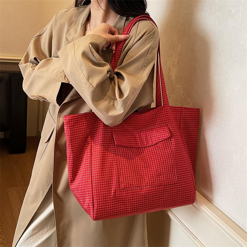 Women Plaid Top Handle Bag Textured Casual and Simple Design Shoulder Bag Large Capacity Casual Tote Bag for Travel School Work