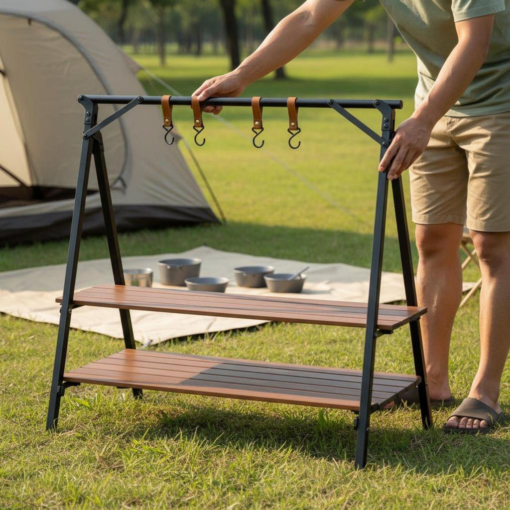 Foldable Tripod Hanging Rack Quick Assembly Storage Shelf for Picnic