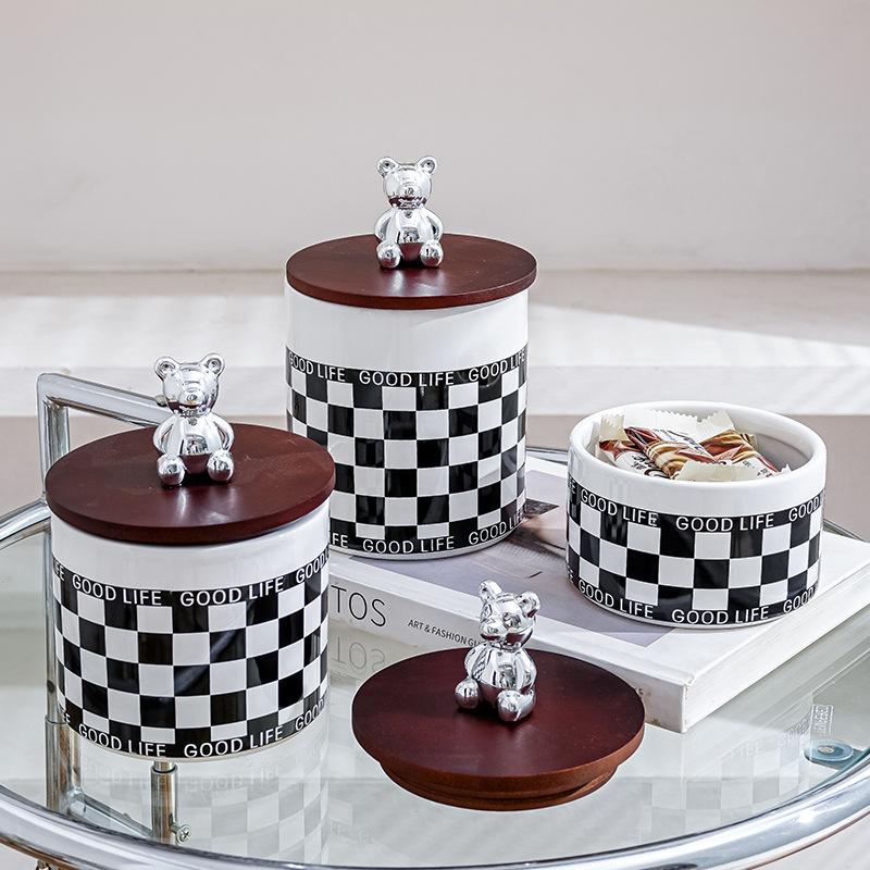 Black and White Grid Ceramic Storage Jar, Sealed Jar with Wooden Lid, Food Storage Container, Candy Jar, Kitchen Supplies