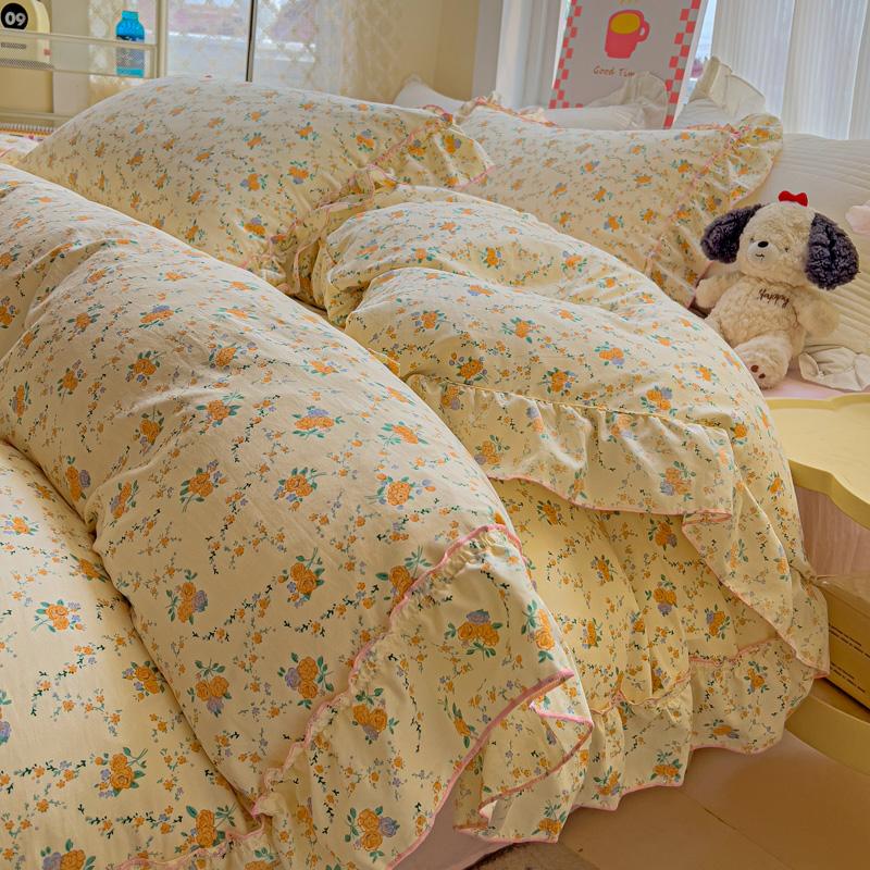 Korean Princess Style Floral Ruffles Bedding Set Washed Cotton Skin-friendly Soft Duvet Covers Set Bed Sheet Pillowcases 3/4Pcs