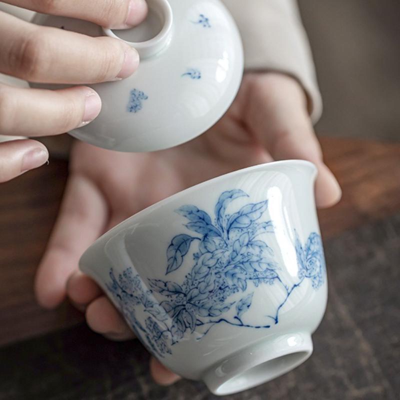 Antique Blue White Porcelain Gaiwan Hand Painted Jasmine Flower Ceramic Chinese Gongfu Tea Set Home Brewing Lidded Tea Bowl