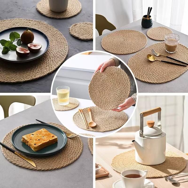 Straw Woven Placemat and Coaster Set – Heat Insulation, Cattail Design, Table Decoration Casserole Mat