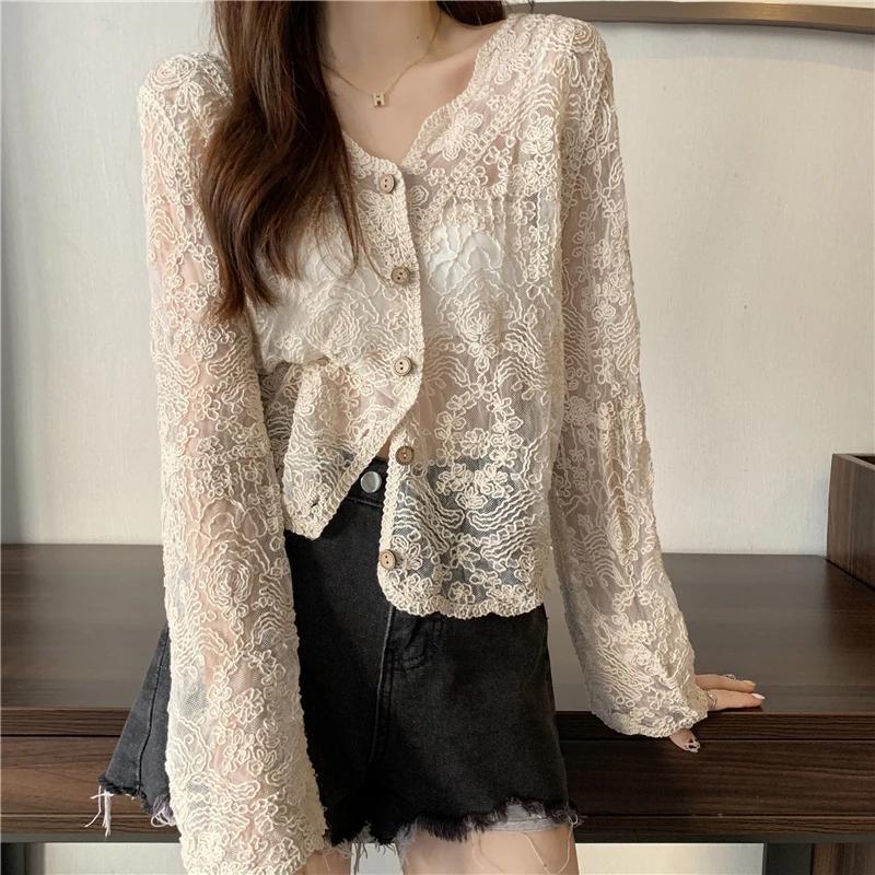 Korean Style Casual Sun Protection Sexy Ladies Tops Vintage Summer Lace Blouses Women See Through Sheer Long Sleeve Sun Shirts
