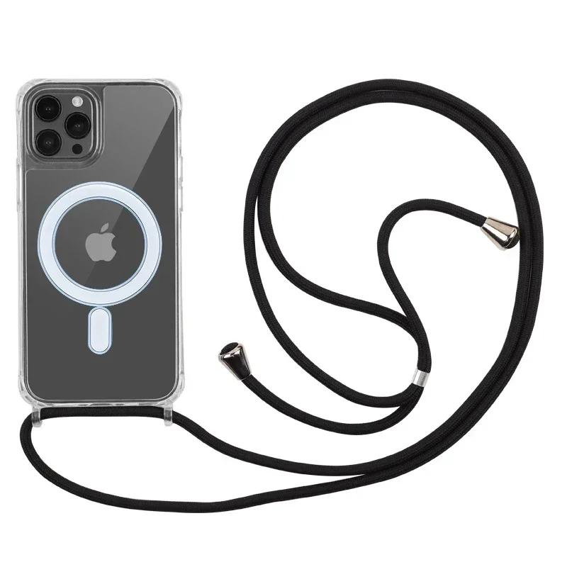 Laccetto a tracolla Custodia magnetica trasparente per 17 Air 16 15 Plus 14 13 12 Pro Max 11 Per Magsafe Cover posteriore rigida in acrilico PC