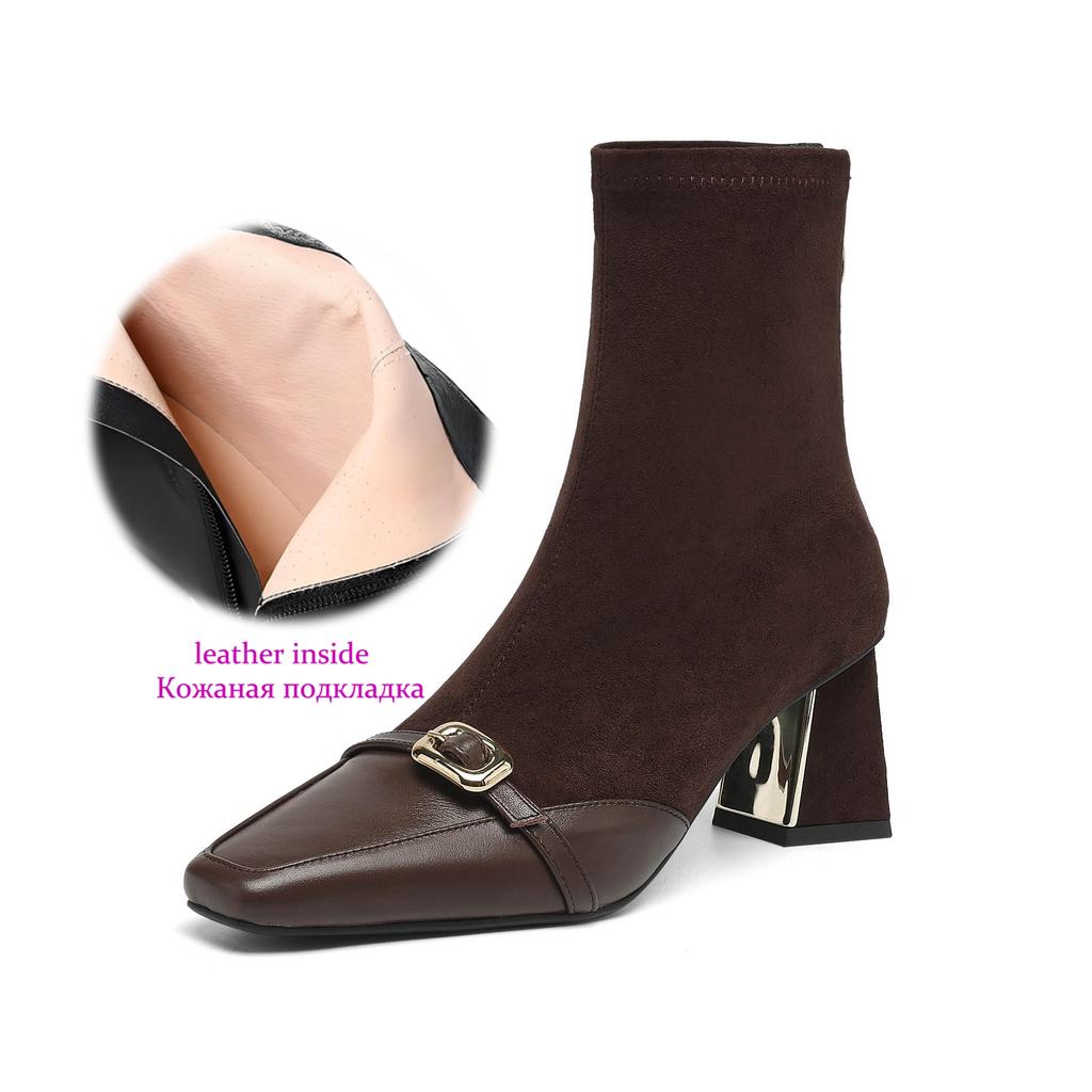 Krazing Pot Flock Cow Skin Square Toe Thick Heels Chelsea Boots Size 42 Beauty Lady Women Metal Buckle Ankle Boots