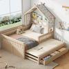 Wooden Platform Bed, House-Shaped, 140 X 200 Cm, with Trundle Bed, 3 Drawers and Safety Rails, Cream