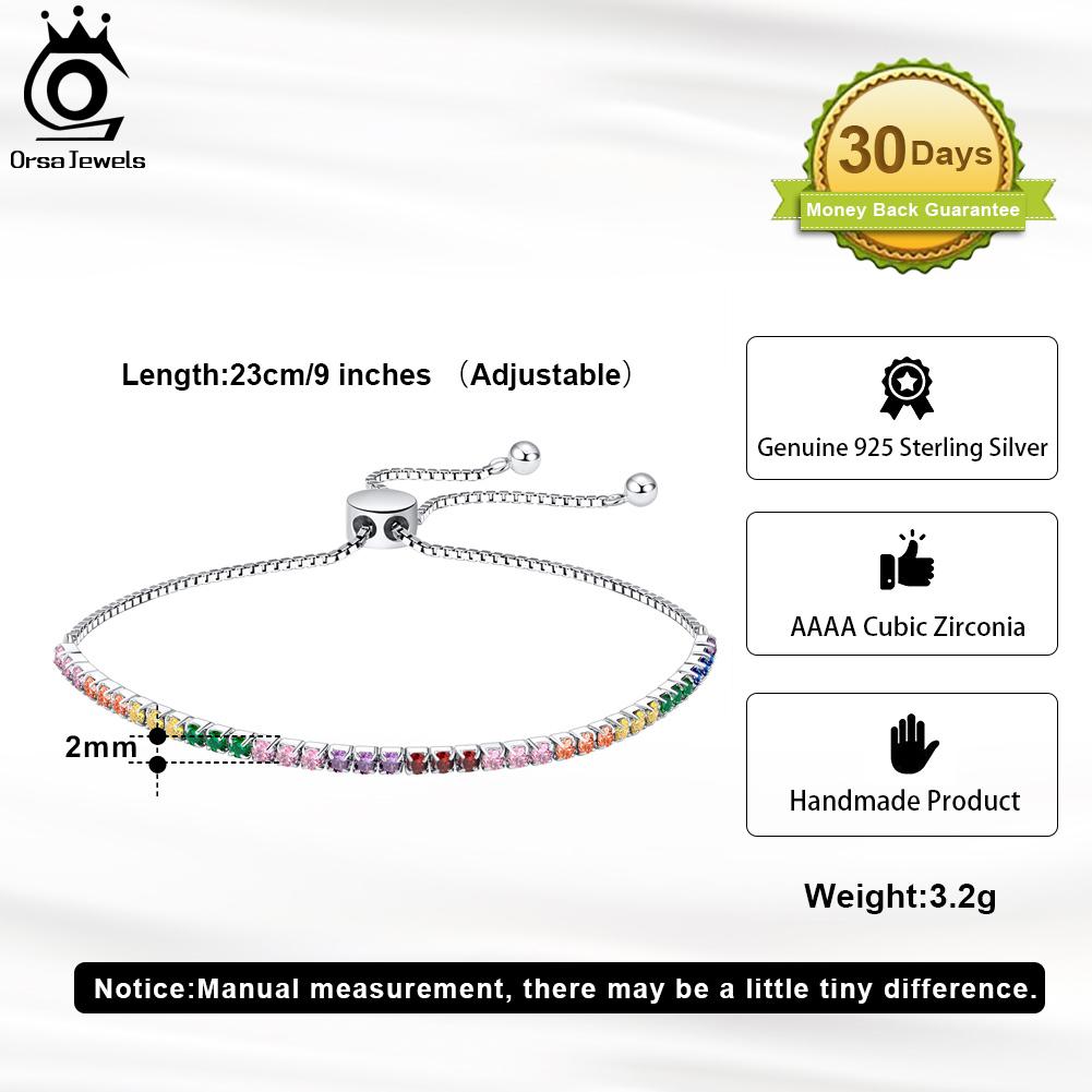 ORSA JEWELS Adjustable 925 Sterling Silver 2mm Multi-Color Tennis Bracelet for Women Zirconia Chain Bracelet Jewelry SB150
