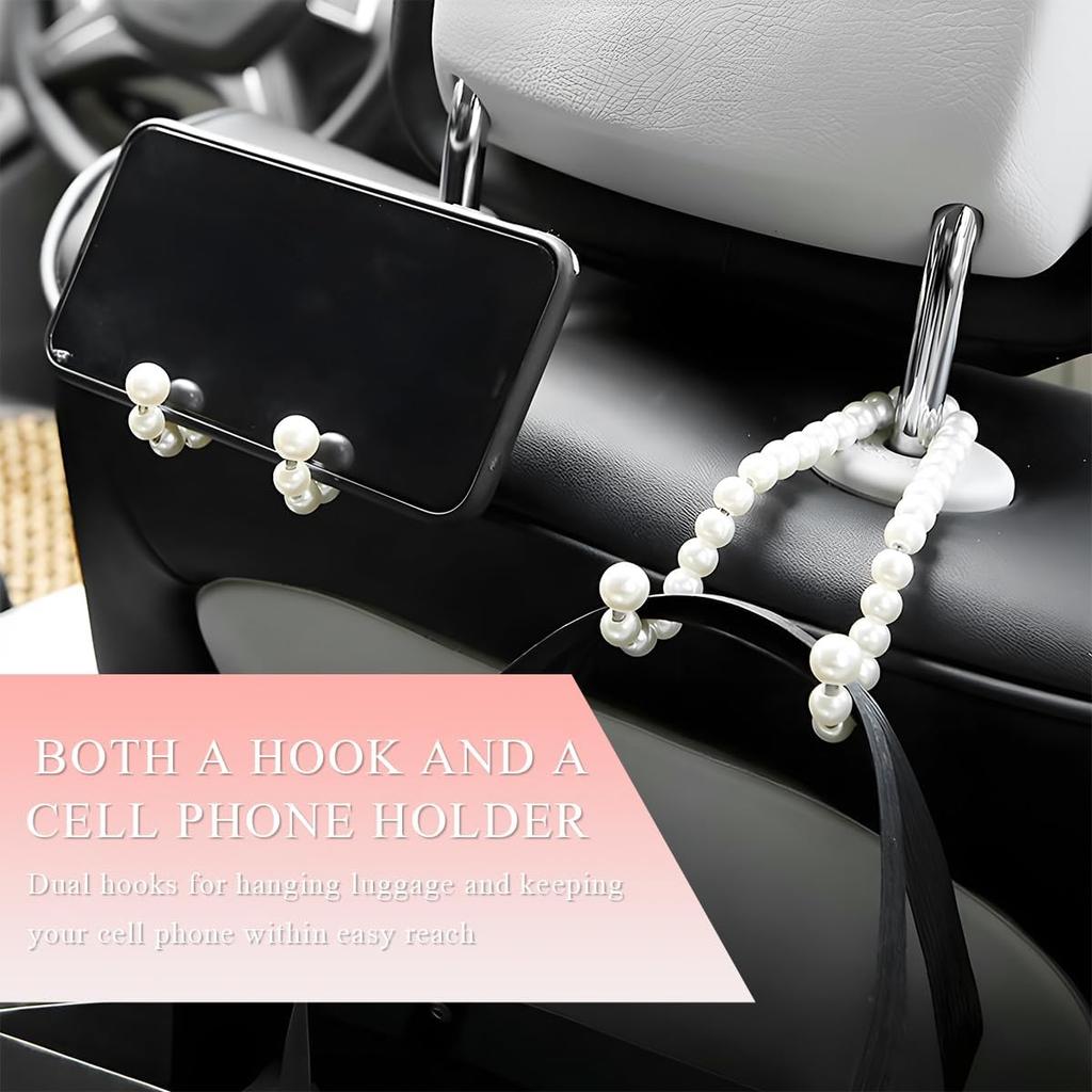 2 PCS Elegant Pearl Car Seat Headrest Hook, Cute Car Seat Hook Hanger Storage Organizer For Handbag Purse, Interior Decoration Headrest Hanger For