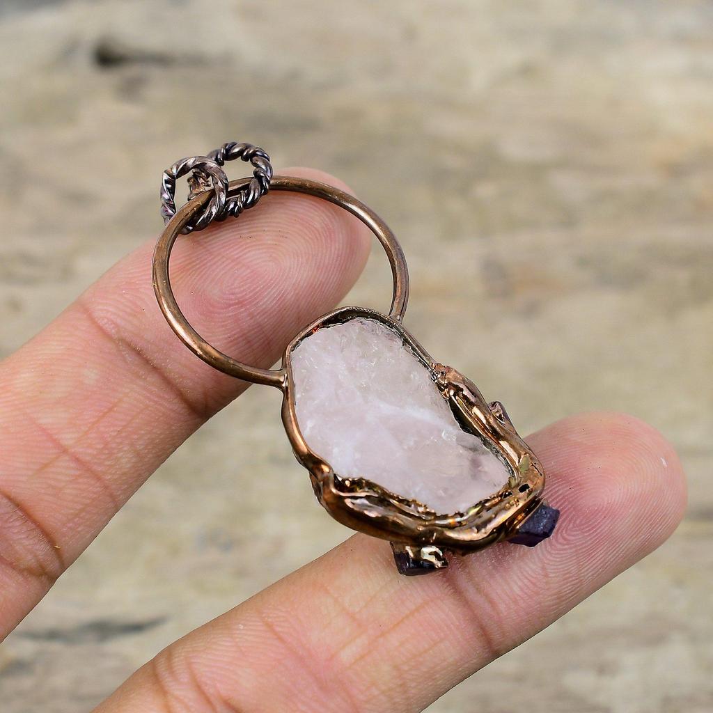 Rose Quartz Rough Pendant African Amethyst Rough Gemstone Pendant Electroformed Copper Pendant Handmade Electroformed Jewelry Wedding Gift