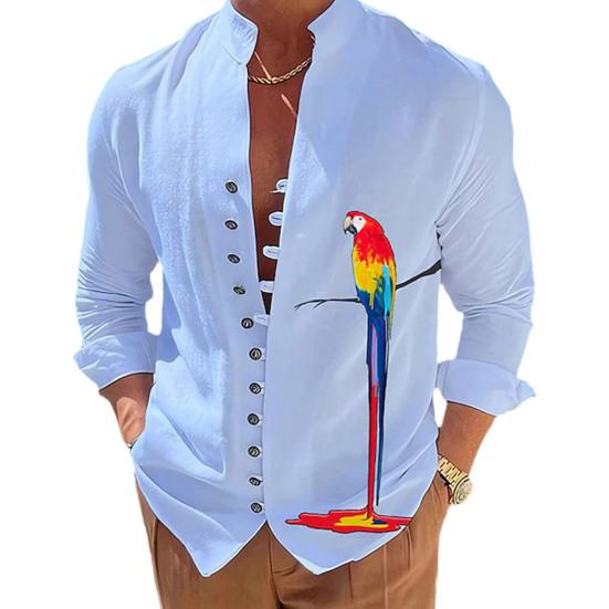 Männer Hemd Papagei Druck Stehkragen Langarm Einreiher Mittlere Länge Täglich Tragen Lässige Weiche Atmungsaktive Männer Herbst Top männlichen Kleidung