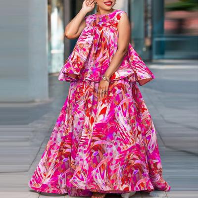 Women's Large Size Round Neck Sleeveless Printed Loose A-Line Top and Skirt Set