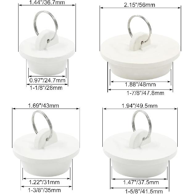 4 Pack Sink Bathtub Plug Rubber Sink Stopper White Bath Tub Drain Stoppers with Pull Ring for Kitchen, Bathtub,Laundry Sink(White)