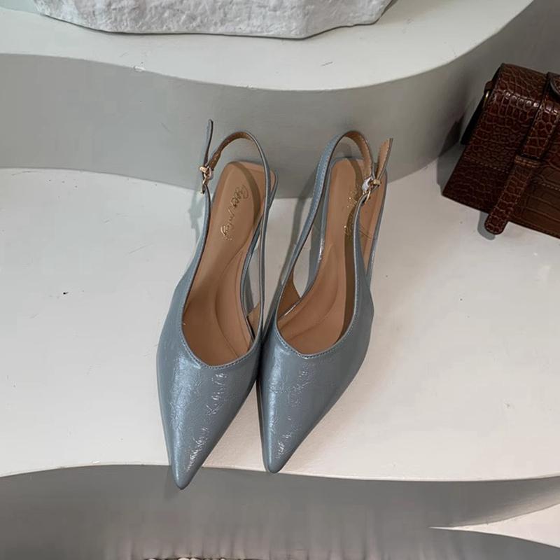 Mode SUOJIALUN Sommer Neu Damen Sandale Mode Spitz Zehenbereich Flach zum Hineinschlüpfen Damen Elegant Slingback Schuhe Dünner Mittlerer Absatz Kleid Pantoletten