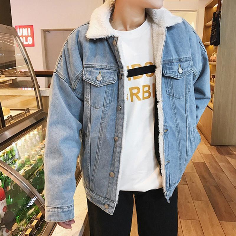 Männer Winter Jacke Denim Innere Fleece Verdicken Winter Jeans Jacke Mantel männer Drehen-unten Samt Jacke Herren pelz Parkas
